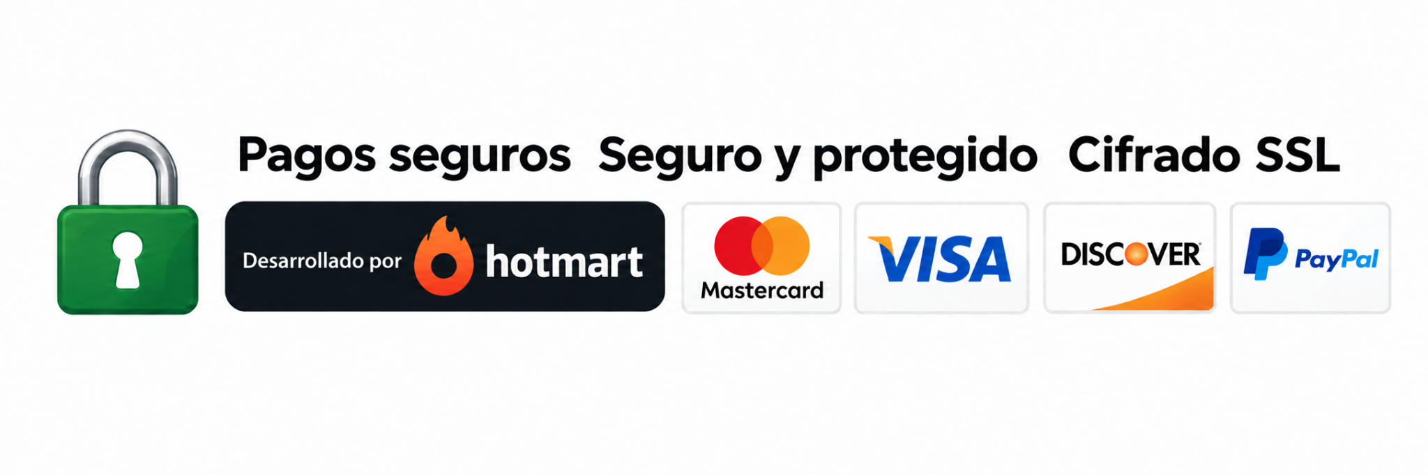 Formas de pago disponibles: Hotmart, Pix, Visa, Mastercard, American Express, Elo, Boleto y PayPal