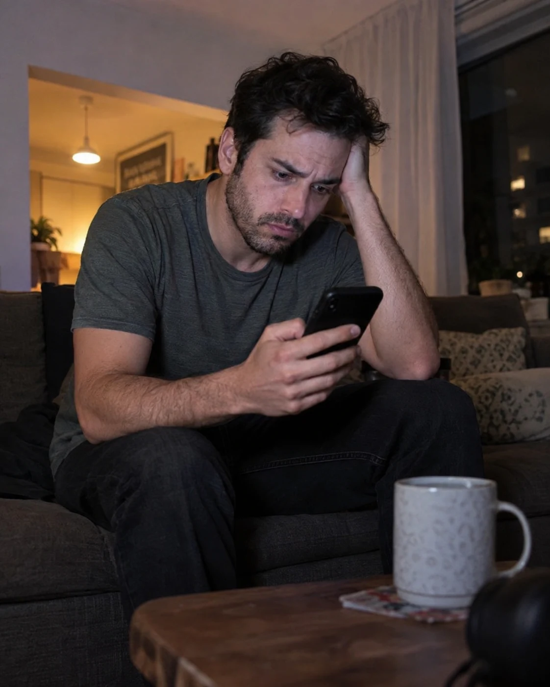 Hombre preocupado mirando mensajes en el celular