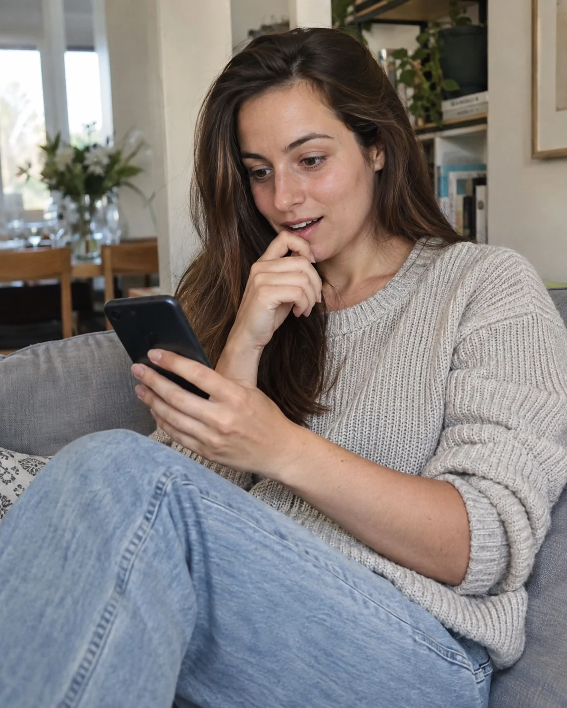 Mujer mirando el celular con curiosidad