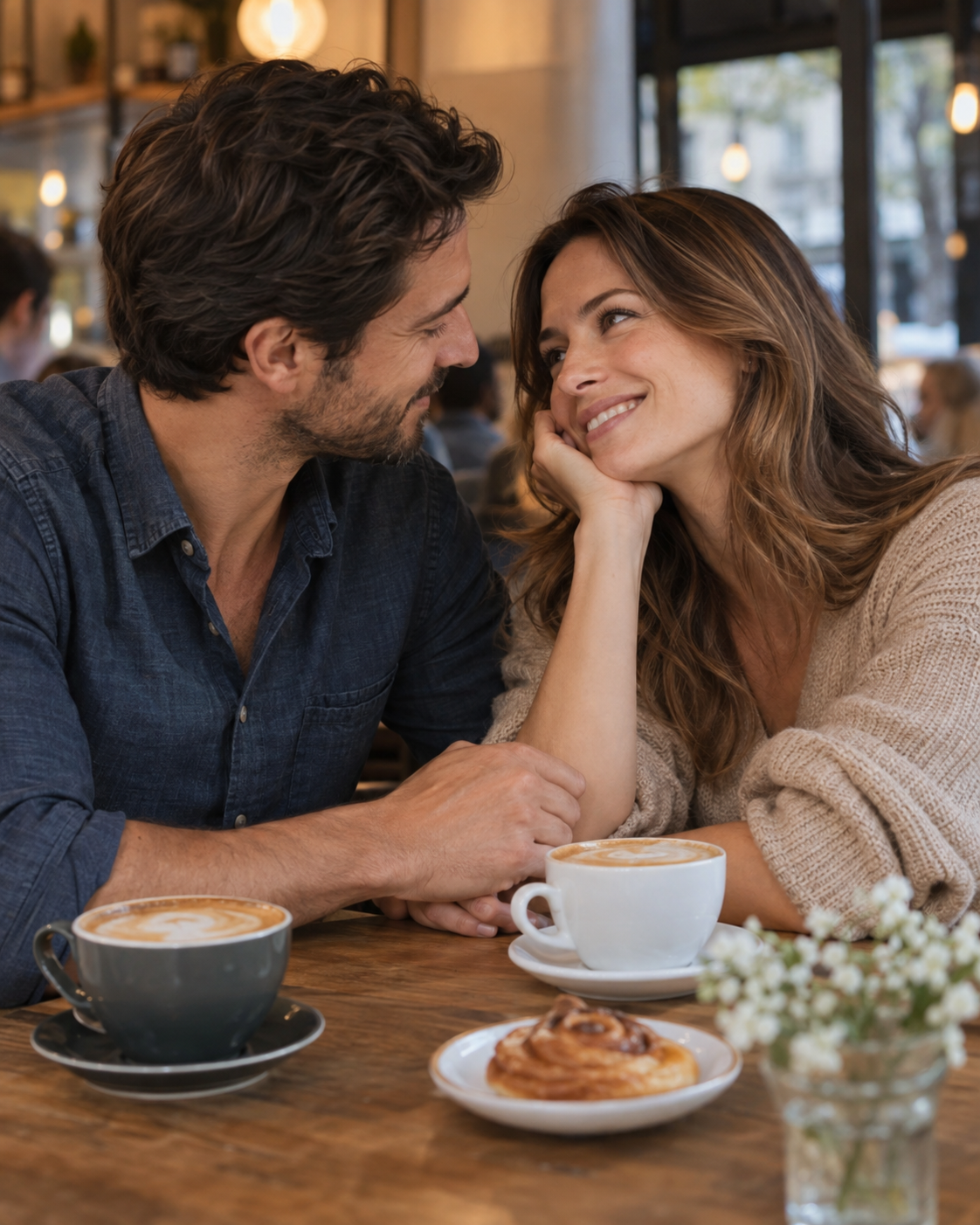Pareja en un momento de acercamiento en una cafetería